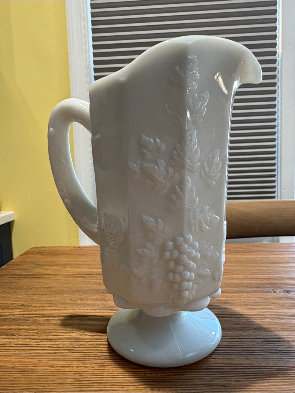 Westmoreland White Milk Glass Pedestal Pitcher with Grape Motif